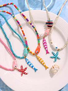 1 件波西米亚风格彩色串珠不锈钢油滴海星和鱼吊坠项链，简约优雅的海滩度假珠宝，多功能海洋主题配饰 - 彩色 - 查看 3