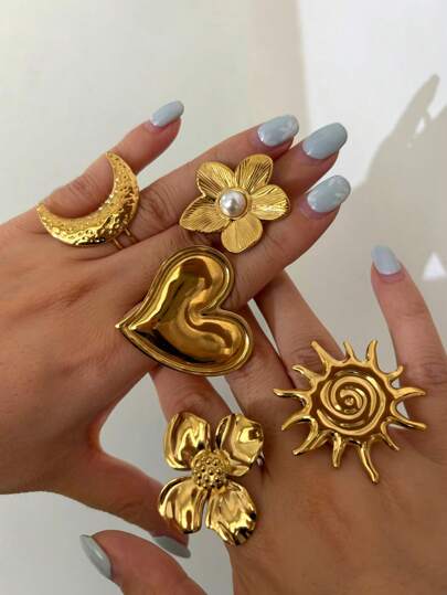 New Stainless Steel Open Ring For Women, Exaggerated Metal Flower, Heart, Moon, Sunflower Elements, Fashion Casual Daily Vacation Party Wear, Stackable Rings