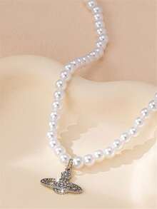 1 chiếc vòng cổ mặt dây chuyền ngọc trai giả hình ngôi sao đính đá thời trang dành cho nữ, cổ điển, tiệc tùng, du lịch, quà tặng trang sức cưới - trắng - Xem 3