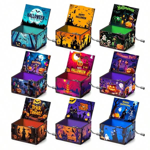 1 Pieza Caja de música de madera accionada a mano, 11 patrones a elegir, regalo de Navidad/Halloween, decoración de dormitorio, caja de música para decoración del hogar