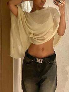 Women Sheer Knit Poncho Y2K Off Shoulder Asymmetric Shrug Sweater Pullover Top Lightweight See Through Cover Up Tops  Pullover Sweaters Tops - 黃色 - 查看 6