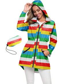 Women's Long Raincoat With Hood Outdoor Lightweight Windbreaker Waterproof - Cầu vồng - Xem 1