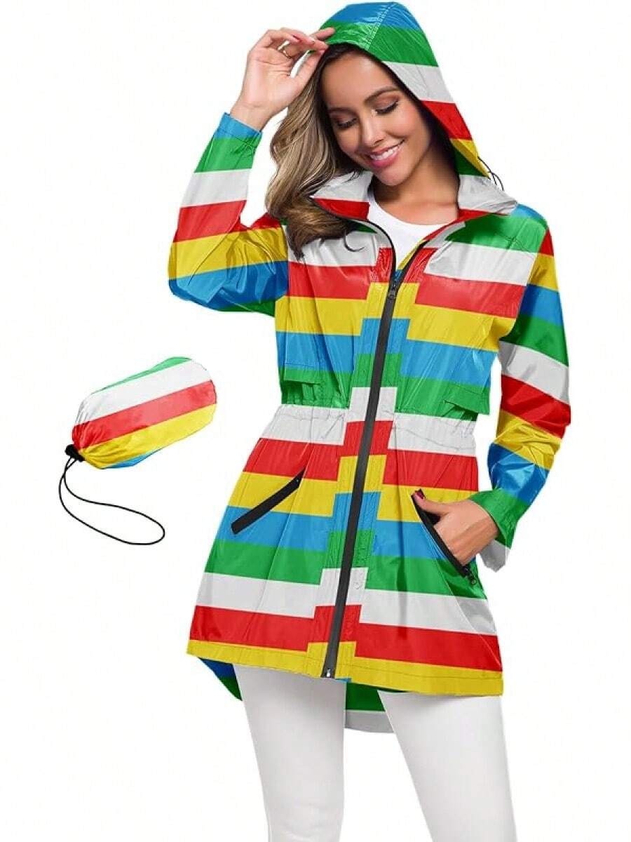 Women's Long Raincoat With Hood Outdoor Lightweight Windbreaker Waterproof - Cầu vồng - Xem 1