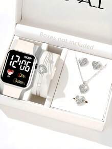 6 Stücke/Set LED Liebesuhr + Legierungs-Diamant Schmuckset mit kleinem Schmetterling/Schleierkraut/Herz/Schleife/Krone, bestehend aus Halskette, Armband, Ohrstecker, Ring, geeignet für den täglichen Gebrauch, schlicht und elegant, die beste Wahl für Halloween, Weihnachten, Valentinstag, Muttertag, Urlaubsgeschenke