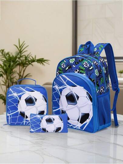 3件套男童背包，16英寸轻便可爱足球图案书包，带午餐盒和铅笔盒，适合小学、初中和高中学生