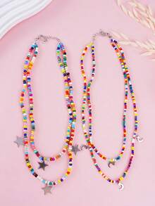 1 件不锈钢星星和月亮彩色串珠项链，波西米亚双层项链，适合女士日常佩戴 - 星星月亮 - 查看 9