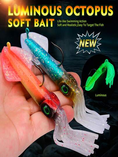 1pc TACKLEPIONEER Glow-In-The-Dark Squid Soft Bait With Heavy Duty Hooks - Glow Multi-Color Saltwater & Freshwater Fishing Lure, Suitable For Trolling, Salmon, Bass, Trout, Squid Fishing, Realistic Design, High-Quality Bait, Fishing Gear