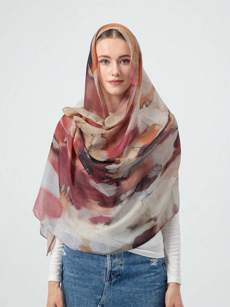 1 buc Eșarfă pentru femei, stil boem, cu imprimeu satinat în acuarelă, șal multicolor cu protecție solară, eșarfă elegantă și versatilă, potrivită pentru asortare zilnică