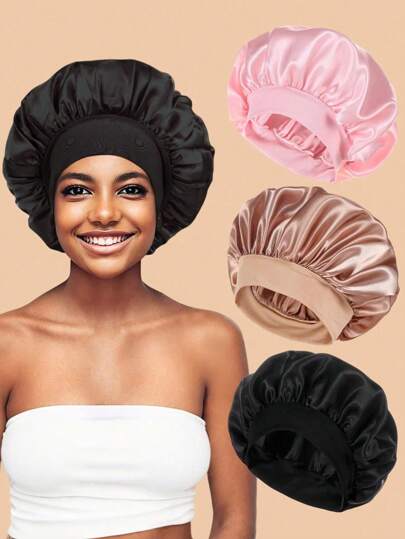 1/2Pcs Silk Bonnet For Sleeping, Satin Hair Bonnets, Soft Elastic Band Silk Sleep Cap, Silk Hair Wrap For Curly Hair (Black&Pink) Bonnet En Satin-Bonnet-Bonnet Satin Hair Accessories