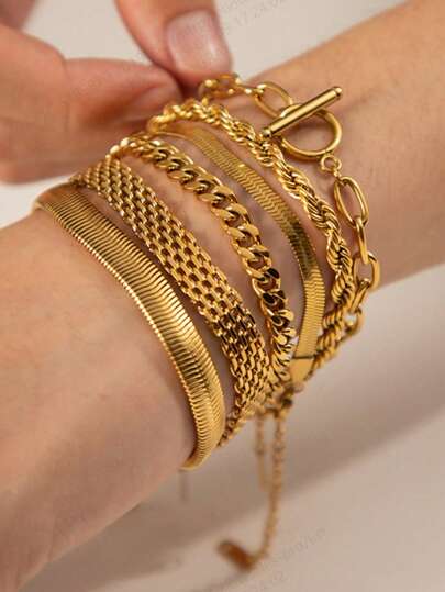 6 件夸张宽度时尚链条不锈钢手镯女士精致金色金属质感珠宝女孩海滩礼物