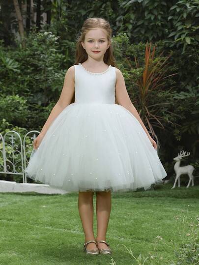 Young Girl Bowknot Deep V Tulle Puff Party Princess Dress, Suitable For Little Girls Birthday Party, Prom, Pageant, Flower Girl, Bridesmaid, Wedding, Special Occasion
