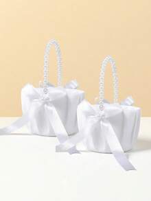 3 件套婚礼花童花篮和戒指枕套装，白色缎带蝴蝶结花篮珍珠系列婚礼花童花篮和戒指枕 - 彩色 - 查看 2