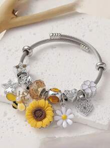 1piece Small Fresh Countryside Style Simulation Sunflower Painting Oil Bee Butterfly DIY Stainless Steel Opening