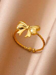 1 pieza Anillo abierto con lazo de moda para mujer, color dorado, de acero inoxidable con diseño geométrico, joyería diaria para fiesta, regalo del Día de la Madre