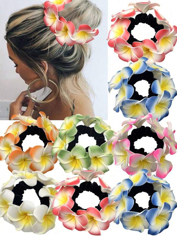 1 pieza Elegante Scrunchie de pelo de plumeria colorido y exagerado de estilo bohemio de playa de EVA (Copolímero de etileno y acetato de vinilo), adecuado para todas las estaciones, sujetadores de coleta, ligas para el cabello, bandas de goma para el cabello, scrunchies, cuerda para el cabello, lazo elástico para el cabello