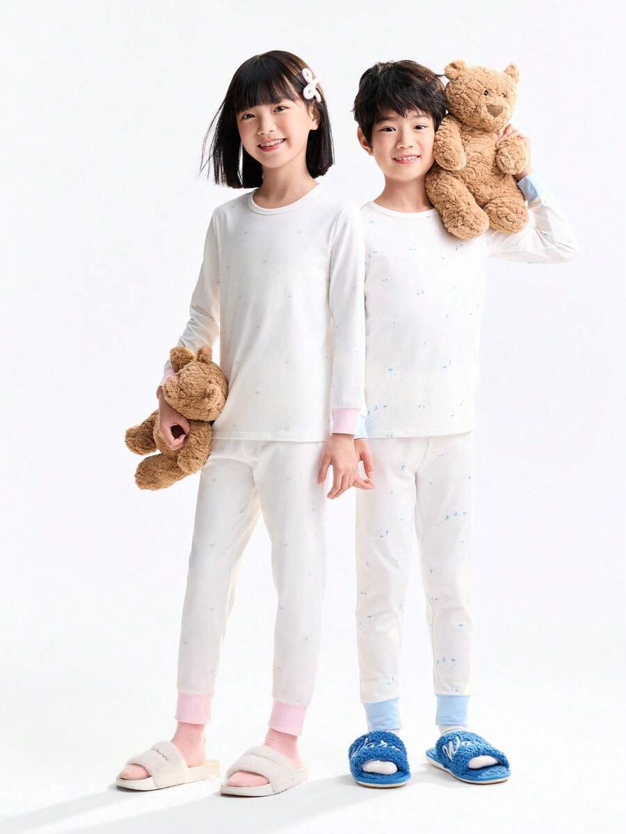 Annil Children's Clothing For Girls, Girls, Boys, Girls, Teenagers, Autumn Shirts And Pants Sets, Home Thermal Clothing Base, Autumn Shirts And Pants - Blue and White - View 1