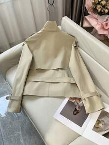 FGGG Double-Breasted Shoulder Strap Women's Khaki Short Trench Coat Autumn Winter Belted Waist British Commuter Style Office Party And Streetwear Women's Jacket