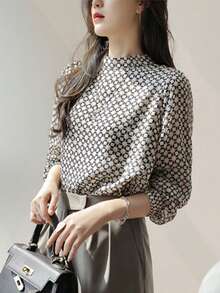 YUXIN Women's Vintage Plaid Chiffon Blouse, Stand Collar Lantern Sleeve, Casual/Light Business Wear, Breathable Fitted Fashionable Top, Spring/Summer - White - View 4