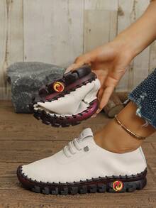 Women's Fashion Outdoor Rubber Sole Lace-Up Low-Top Soft Leather Flat Shoes - Beige - View 1