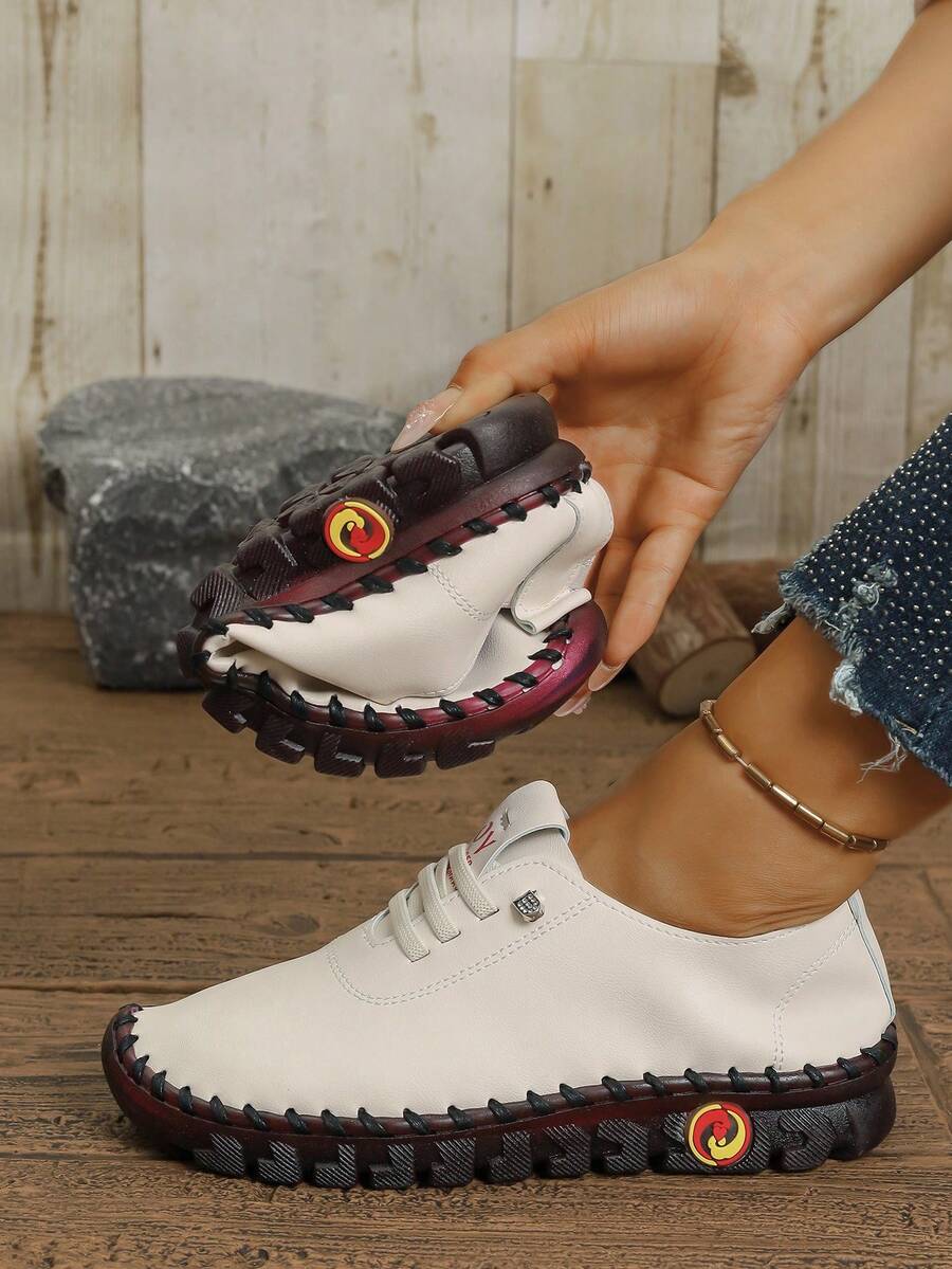 Women's Fashion Outdoor Rubber Sole Lace-Up Low-Top Soft Leather Flat Shoes - Beige - View 1