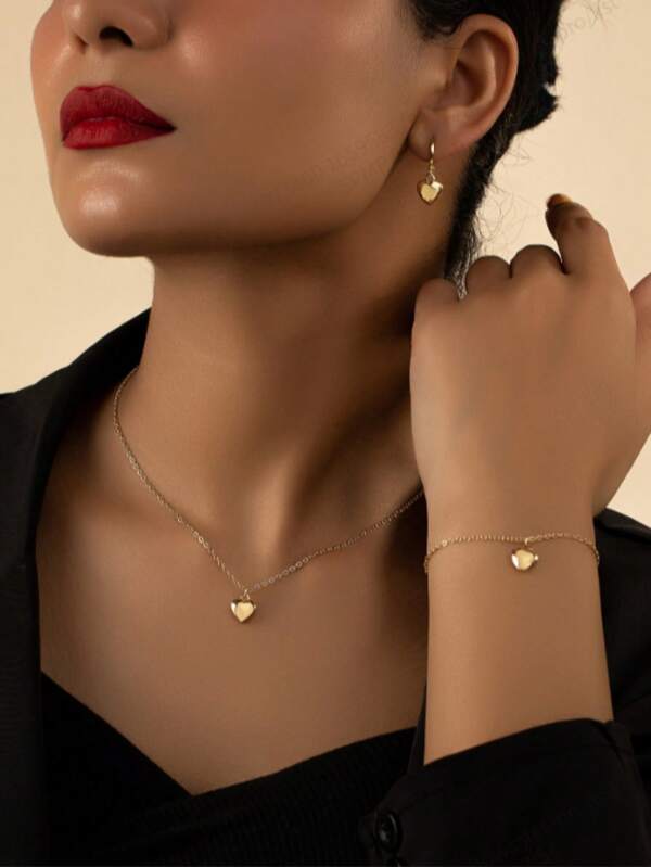 4pcs Cute & Versatile Heart Shape Jewelry Set, Casual Fashion Matching Accessories