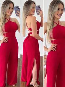 Women's Long Jumpsuit, Loose Viscose Pantaloons, Tie-Up - Đỏ - Xem 1