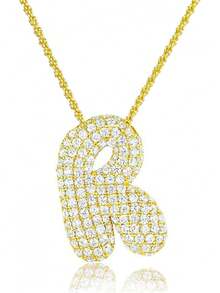 J&C DIY IMAGE 14K Gold Plated Bubble Letter Necklace, Balloon Initial Pave CZ Pendant Necklace,Dainty Jewelry Gift For Women Lovers. - Gold - View 4