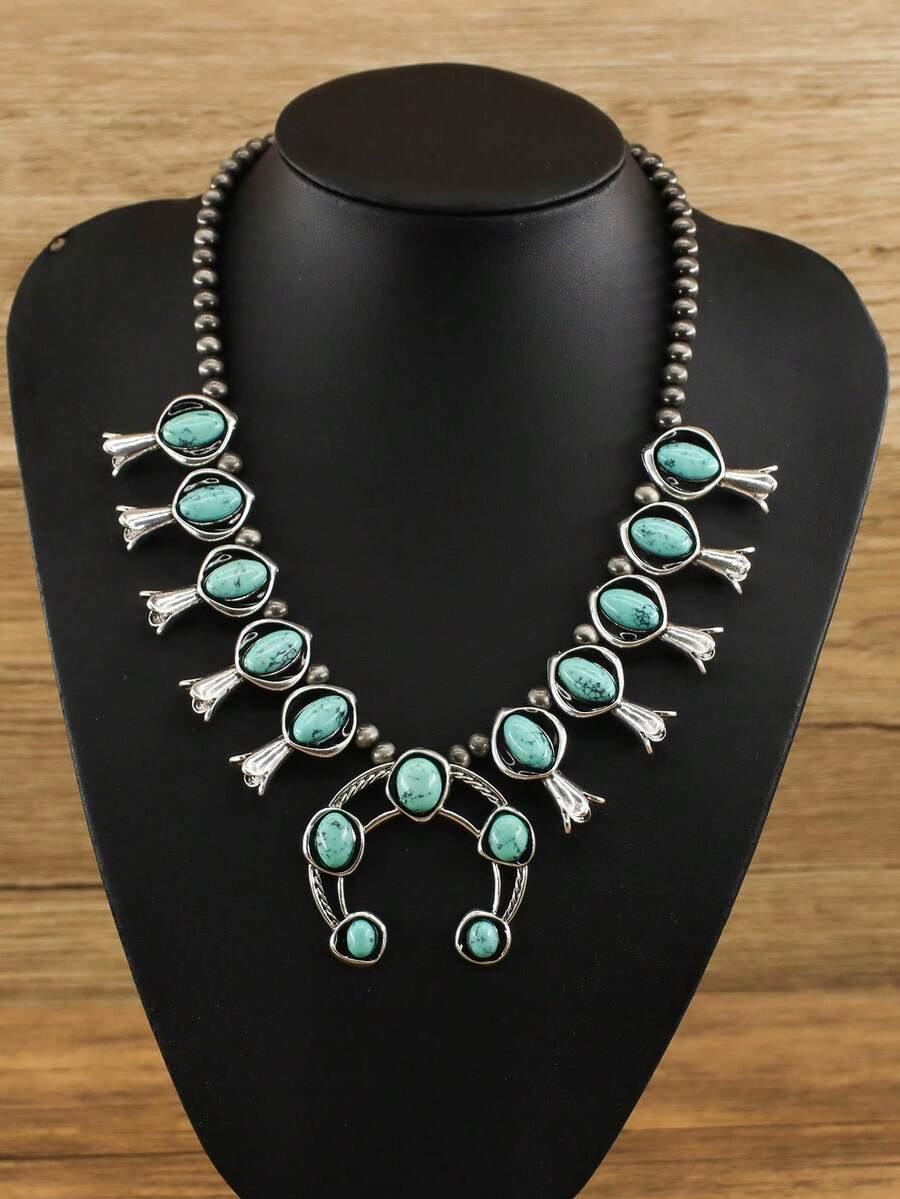 1 件西部乡村风格时尚氧化南瓜花镶嵌绿松石串珠项链，适合女性日常搭配，珍珠首饰套装礼物 - 綠松石色 - 查看 1