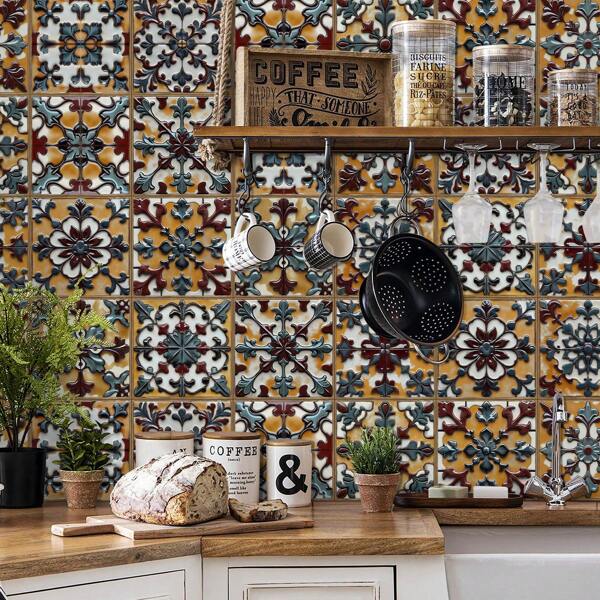 24 pièces - Carrelage nordique pour la maison, autocollants muraux, cuisine, salle de bain, chambre à coucher, salon, salle à manger, imperméables, résistants à l'huile et à l'humidité, autocollants décoratifs pour carrelage, rénovation murale, autocollants de sol pour la décoration de la maison