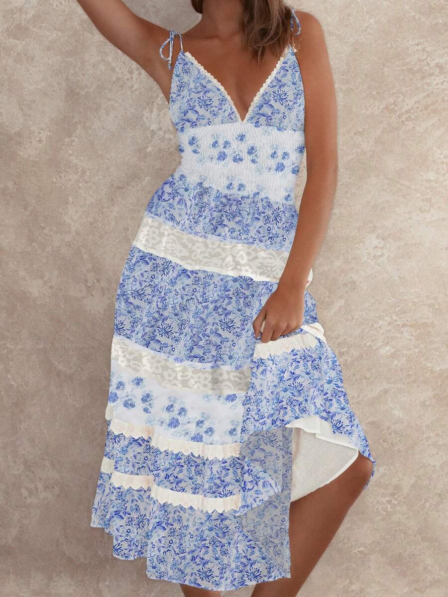 Women Tie Shoulder Boho Floral Maxi Dress Y2k Smocked Flowy Lace Sundress Y2k Spaghetti Strap Sleeveless Summer Long Beach Dress - 藍色 - 查看 1