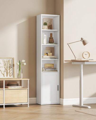 Bibliothèque, Étagère Haute sur 6 Niveaux, avec Porte, Meuble de Rangement Ouvert, 24 x 31,8 x 175 cm/ 24 x 60 x 175 cm, pour Salon, Bureau, Salle à Manger, Blanc Nuage