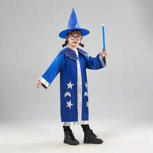 儿童魔术师COS斗篷巫师斗篷+尖顶帽套装，星形印花，透气万圣节派对服装，男女皆宜 - 彩色 - 查看 4