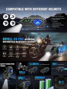Easypie Selection 蓝牙 5.4 摩托车头盔对讲机 - 双骑手聊天、AI 语音控制、音乐共享、Type-C 快速充电、自动应答、LED 灯 - 均碼 - 查看 4