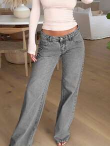 New Popular European And American Street Style Simple Daily Commuting Casual Low-Waist Straight Women's Jeans - Light Grey - View 5