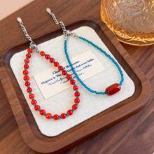 1pc Vintage Red & Blue Crystal Beaded Necklace, Unique Design Aesthetic Charm Clavicle Chain Necklace