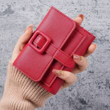 女士时尚小巧折叠纯色零钱包多功能卡位钱包女士钱包迷你钱包钱包零钱包腕包钱包 - 酒紅色 - 查看 2