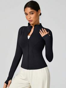 秋冬女士瑜伽夹克，运动跑步骑行服，长袖健身夹克，拉链上衣 - 黑色 - 查看 6