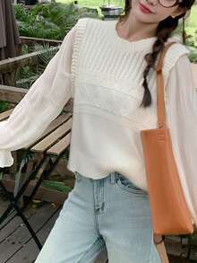 Women's Autumn/Winter Soft Knit Patchwork Cable Design Pullover Sweater - Beige - View 5