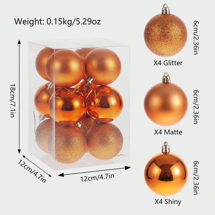12 件多色红、橙、金、银圣诞球 6 厘米圣诞装饰球，盒装圣诞树吊坠电镀球圣诞派对圣诞树装饰品 - 彩色 - 查看 4