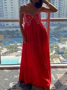 Womens Koi Fish Long Strap Dress Summer High Waist Flowy Cami Dress Spaghetti Strap V Neck Smocked Long Dress Vacation Beach Maxi Dress - 紅色 - 查看 3