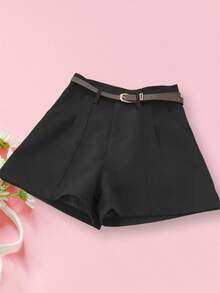 Women Summer Wide Leg Shorts With Belt Loop Solid Color High Waist Breathable Short Pants With Pockets - Black - View 2
