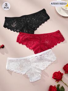 3pcs Elegant Lace Panties For Women Stylish Sexy Low Rise Briefs Comfortable Stretch Translucent Panties Black White And Red Panties Wavy Lace Romantic Sexy Lingerie For Women - Multicolor - View 1
