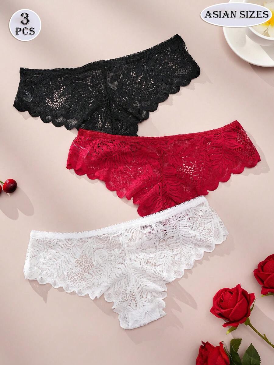 3pcs Elegant Lace Panties For Women Stylish Sexy Low Rise Briefs Comfortable Stretch Translucent Panties Black White And Red Panties Wavy Lace Romantic Sexy Lingerie For Women - Multicolor - View 1