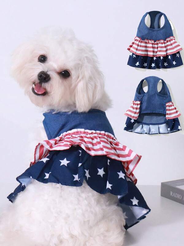 UFBemo 1pc Star & Stripe Print Dog/Cat Summer Dress, Fashion Matching Couple Design, Summer