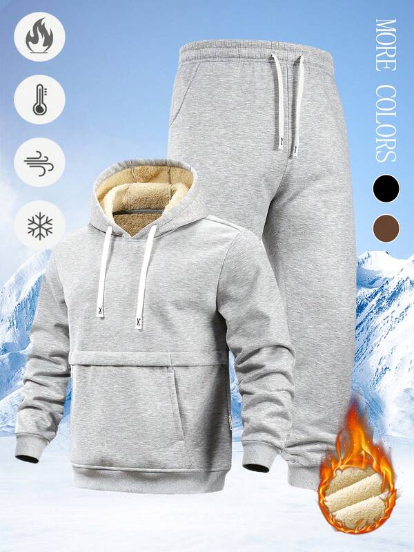 2pcs Men's Fleece Hoodie And Sweatpants Set, Thick Warm Hooded Pullover And Drawstring Jogger Pants, Autumn/Winter