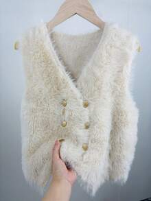 Damen Kuschelige Strickjacke ärmellos Kunstfell Mantel mit tiefem V-Ausschnitt und goldenen Knöpfen asymmetrisch normale Länge