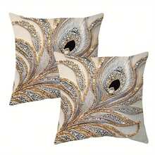 2 件波西米亚风格几何闪亮串珠图案枕套，45x45 厘米，涤纶奢华银色和黑色半透明珠子，拉链开合，农舍装饰靠垫套适合所有房间类型，可机洗 - 不含枕芯，适合所有季节的装饰枕头