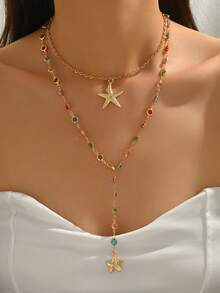 2件套优雅日常佩戴金色海星吊坠项链，时尚简约彩色玻璃水晶女士长项链，适合日常穿搭、街头风格和拍照。水晶颜色随机排列。