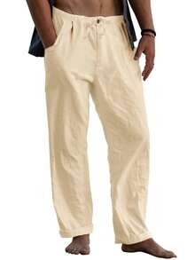 Runcati Men's Linen Yoga Beach Pants Loose Fit Casual Summer Elastic Waist Drawstring Baggy Trousers With Pockets - 米色 - 查看 4
