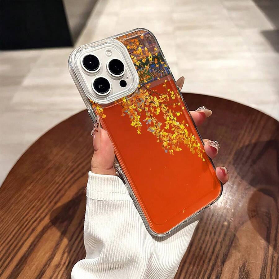 Ginkgo Leaf Pattern Mobile Phone Case, Adorned With Gold And Orange Hues Design, Suitable For IPhone 16, 15, 14, 13, 12, 11 Pro Models, TPU Material, Shockproof Protection. It Is A Great Gift For Family, Friends, Children, Birthdays, Spring Festival, Holidays, Boyfriends, Girlfriends And Valentine's Day. - Clear - View 1